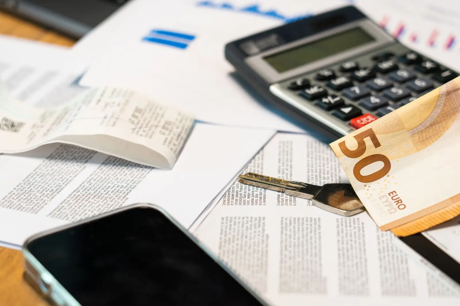 Documents financiers, calculatrice, billet de 50 euros, clé et smartphone posés sur un bureau