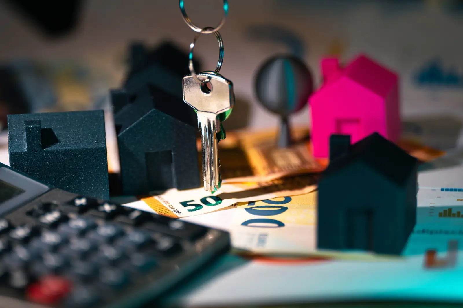 Clé suspendue au-dessus de maisons miniatures, d'une calculatrice et de billets en euros