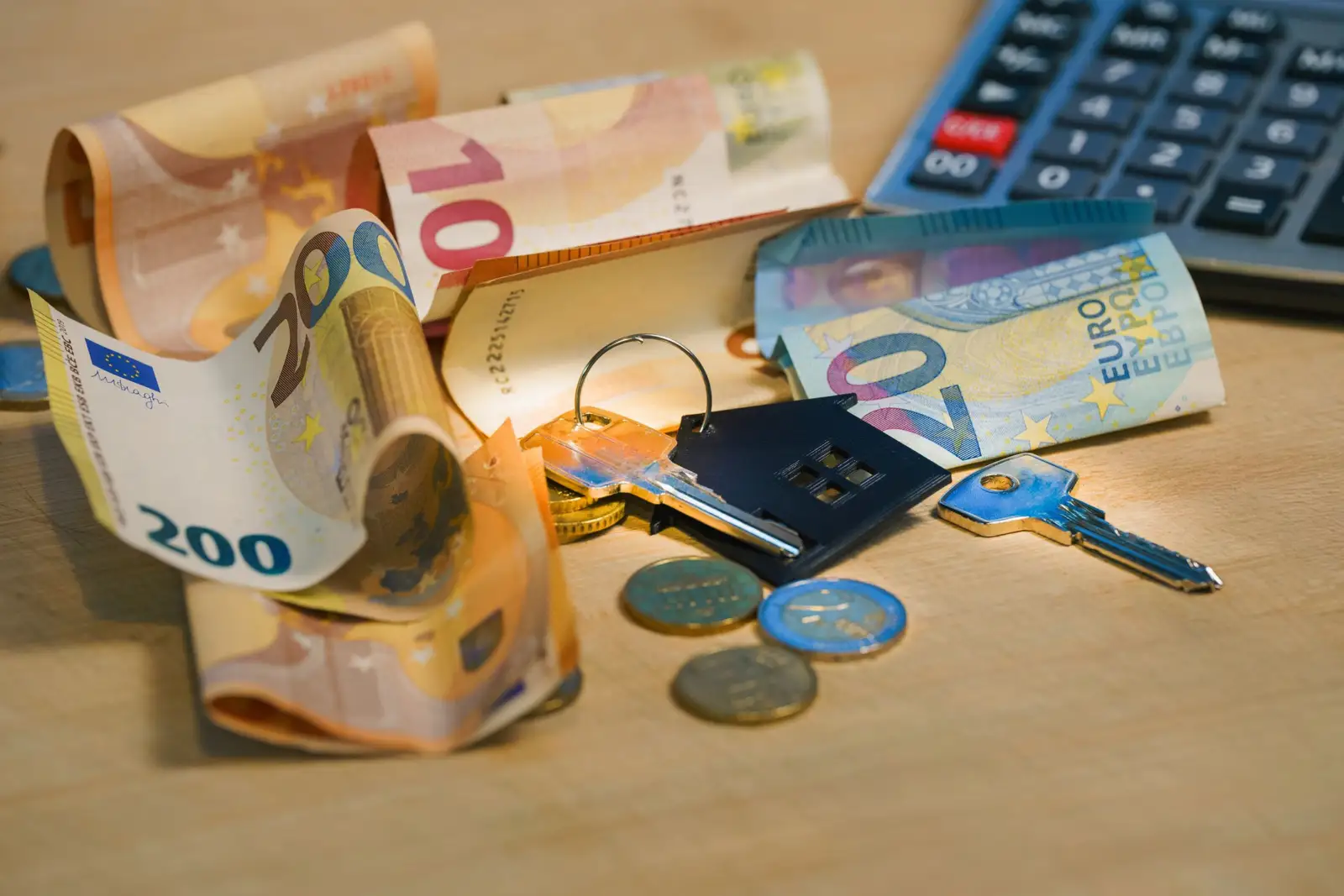 Billets et pièces en euros posés sur une table avec des clés et un porte-clés en forme de maison, calculatrice en arrière-plan